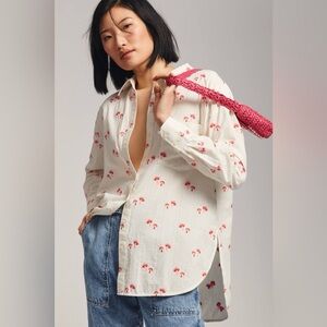 Anthropologie Maeve - Bennett Button Down Shirt Embroidered Edition Mushrooms